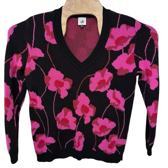 CAbi Sweaters - Cabi Rococo Pullover #4102 Black‎ Pink Flowers Sweater Womens Medium